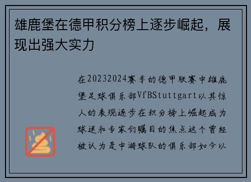 雄鹿堡在德甲积分榜上逐步崛起，展现出强大实力