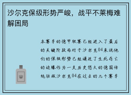 沙尔克保级形势严峻，战平不莱梅难解困局