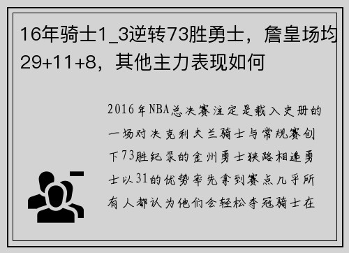 16年骑士1_3逆转73胜勇士，詹皇场均29+11+8，其他主力表现如何