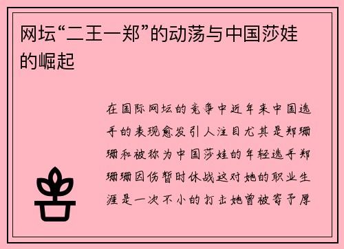 网坛“二王一郑”的动荡与中国莎娃的崛起