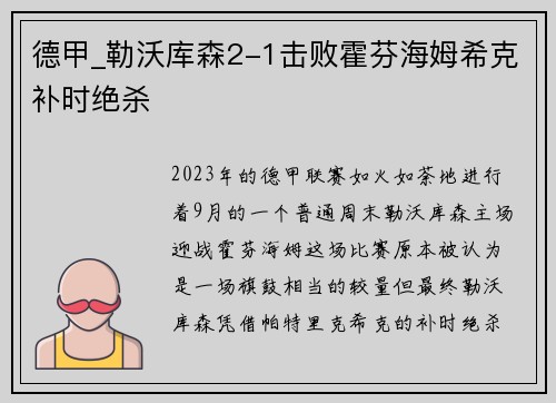 德甲_勒沃库森2-1击败霍芬海姆希克补时绝杀